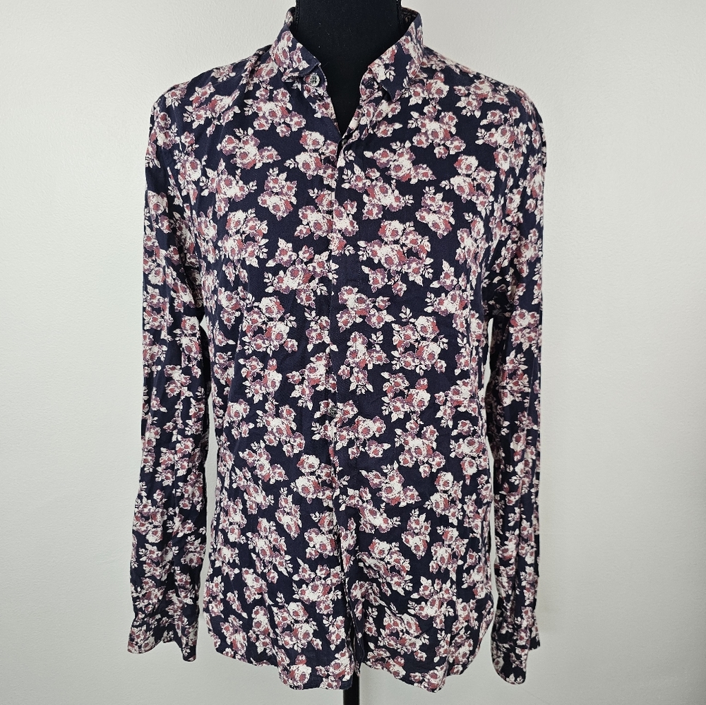 The Kooples Navy Floral Button-Up Blouse with Pink Accents